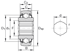 外球面球軸承 SK102-207-KRR-B-AH10, 球面外圈，內圈帶六角形孔，兩側 R 型密封